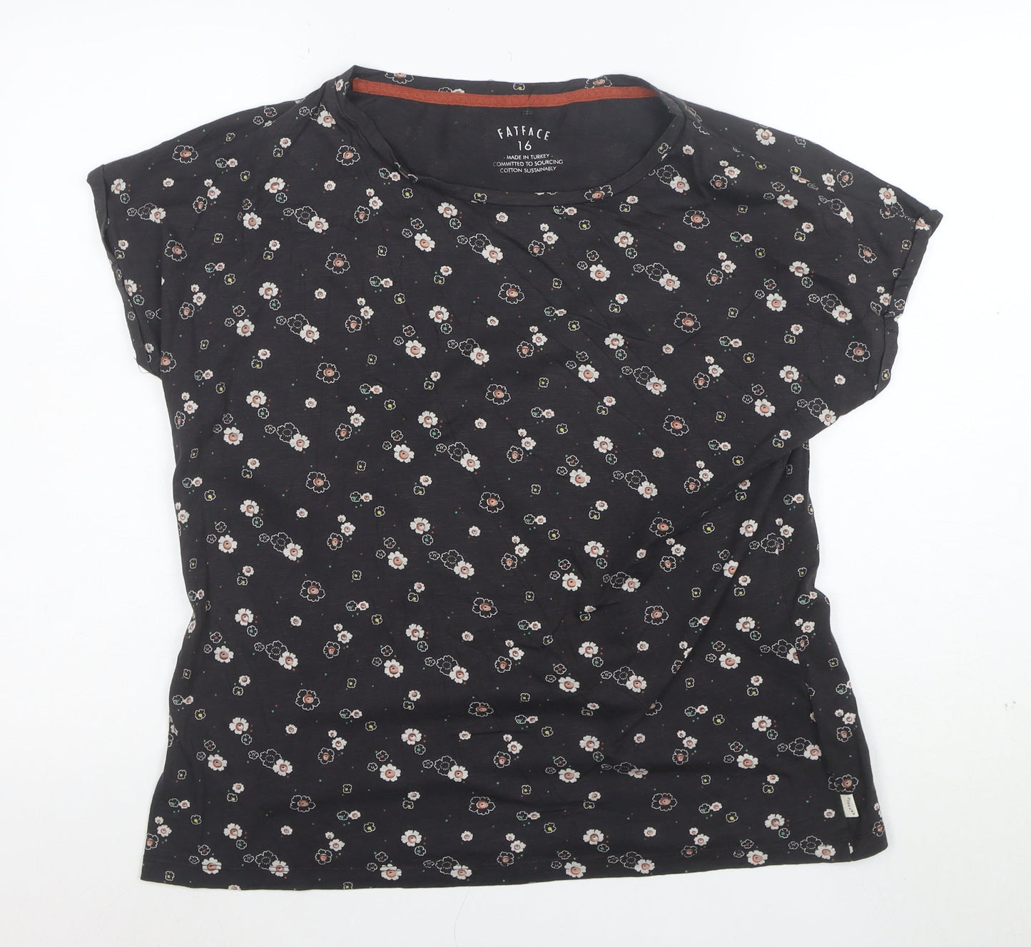 FatFace Womens Black Floral Short Sleeve Cotton T-Shirt Size 16