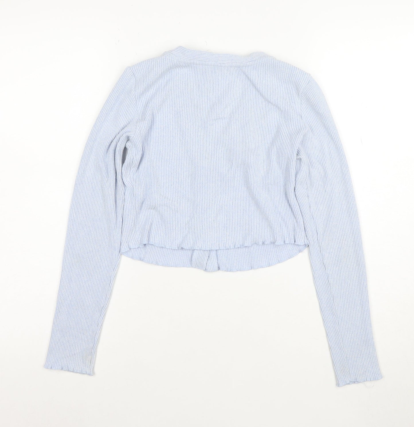 Bershka Women Blue Cropped Ribbed Knit Button-Up Top XS
