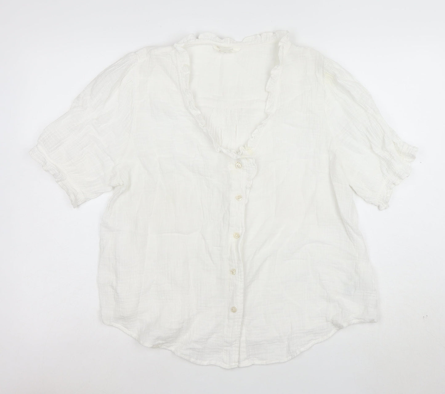 Marks and Spencer Women's Ivory Ruffle V-Neck Cotton Blouse Size 14