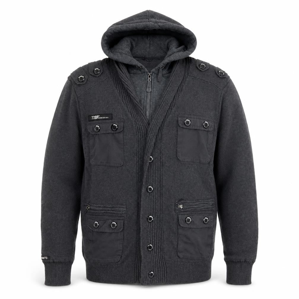 DNM:73 Men's Grey Hooded Knit Bomber Jacket Size L