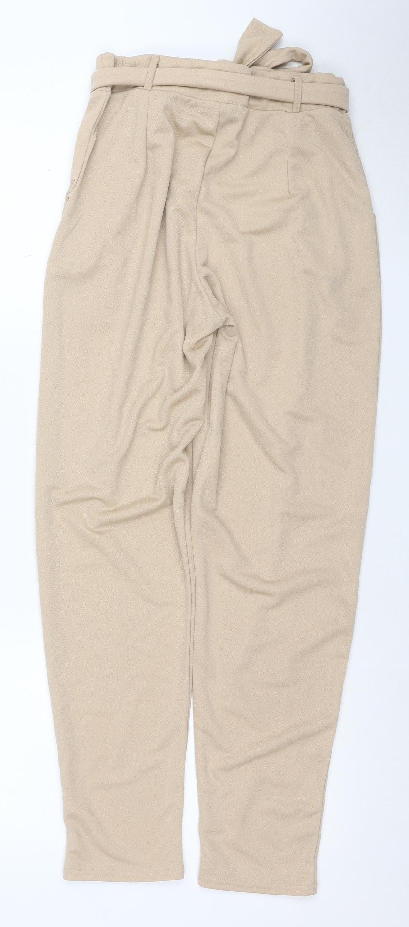 SAW IT FIRST Women’s Beige Paperbag Trousers Size 10 Belted High Waist