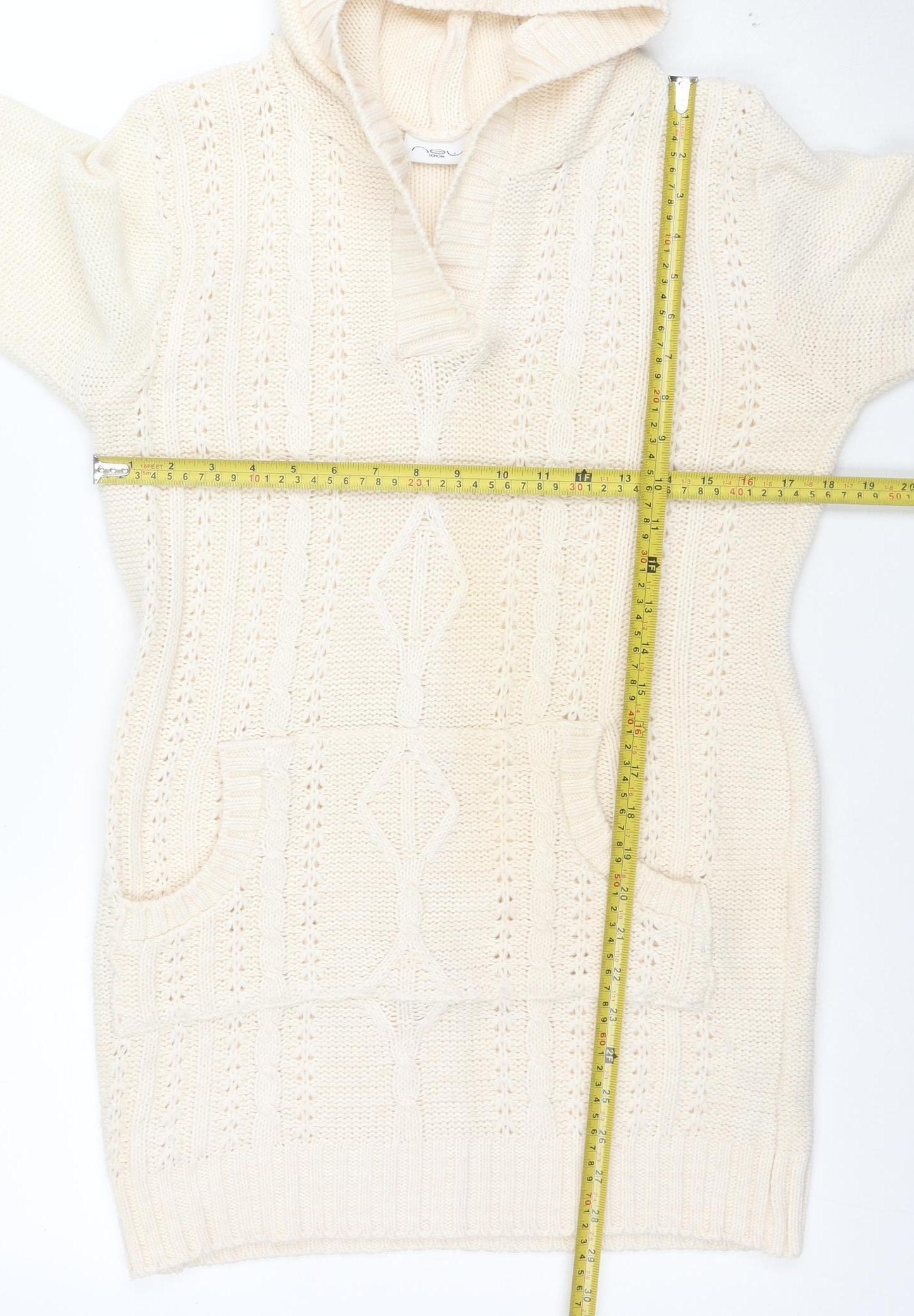 New Look Womens Ivory Hooded Knit Pullover Jumper Size 12