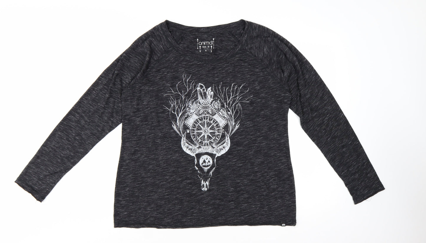 Animal Womens Black Graphic Long Sleeve Jersey T-Shirt Size 16