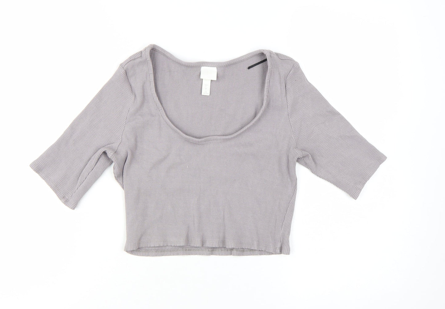 H&M Women's Grey Cropped 3/4 Sleeve Scoop Neck T-Shirt Size L