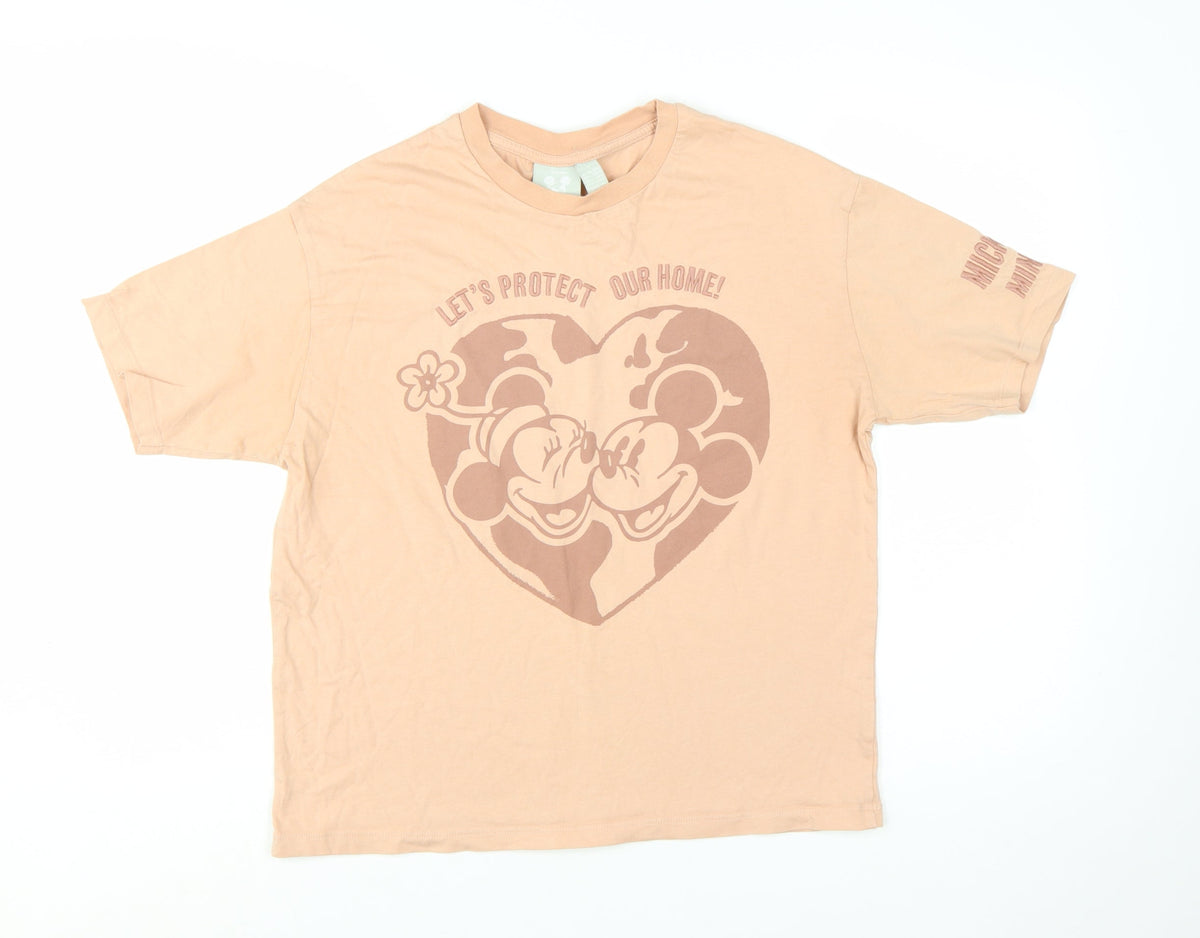 Front view of Disney Women Beige Mickey & Minnie Organic Cotton T-Shirt, size S