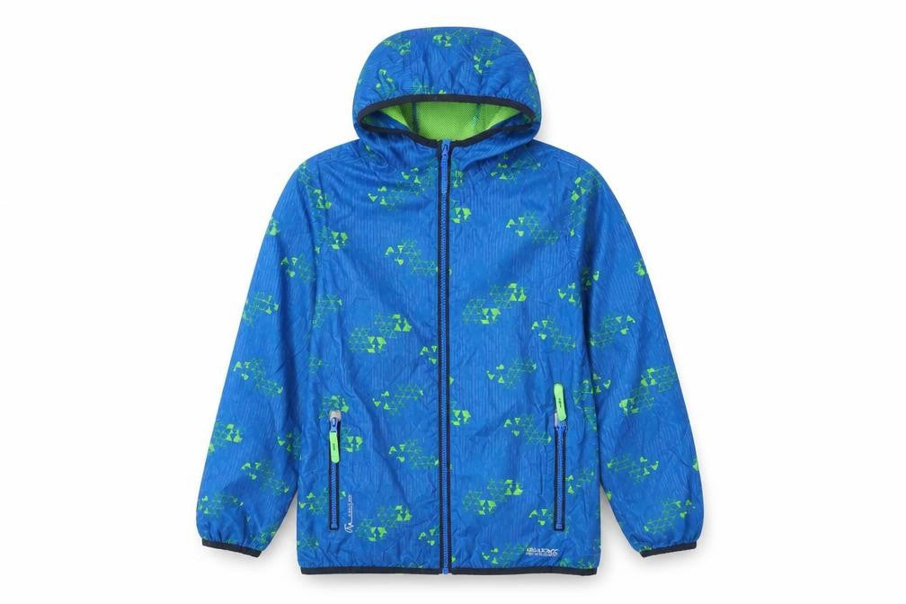 Front view of Regatta boys’ blue hooded windbreaker jacket 11-12 years water resistant