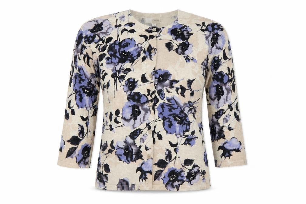 KENAR Women's Beige Floral 3/4 Sleeve Cardigan Knit M