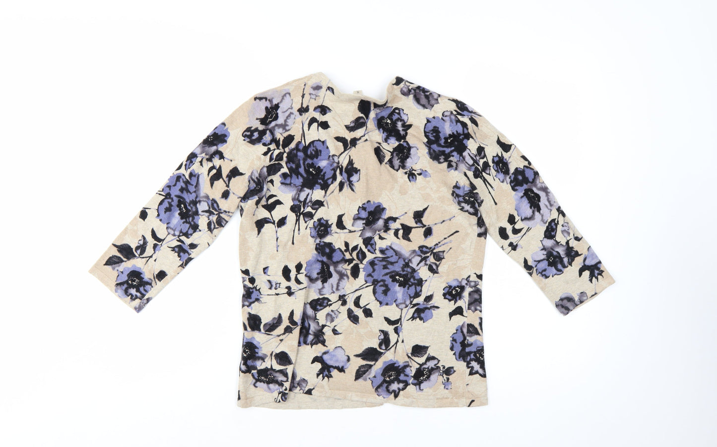 KENAR Women's Beige Floral 3/4 Sleeve Cardigan Knit M