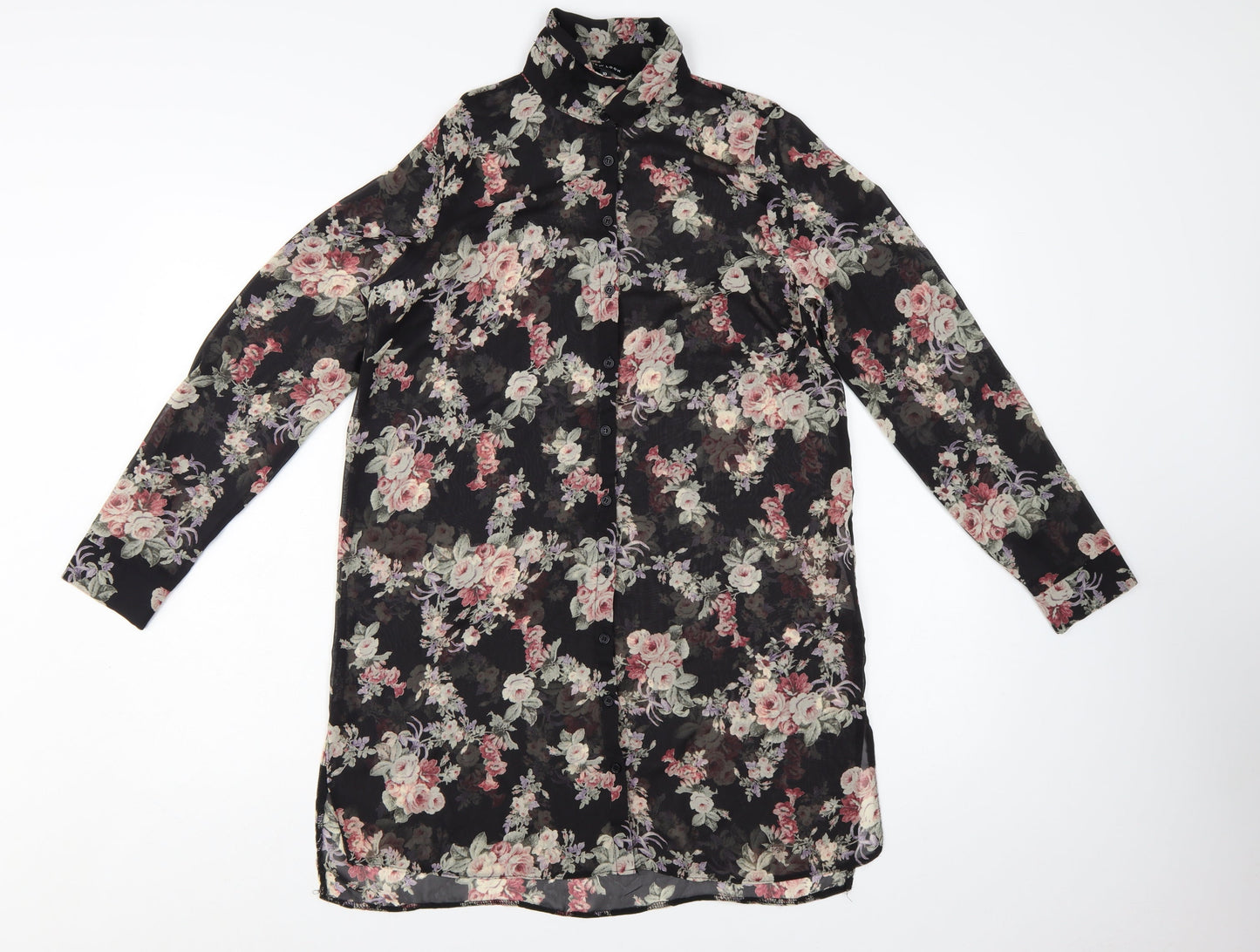 New Look Womens Black Floral Long Sleeve Tunic Blouse Size 10