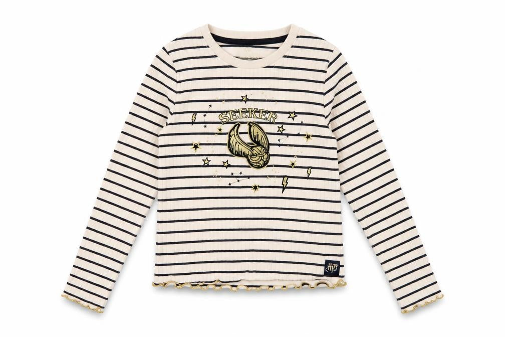 Front view of Marks & Spencer girls’ beige striped harry potter long sleeve t-shirt 10-11 years