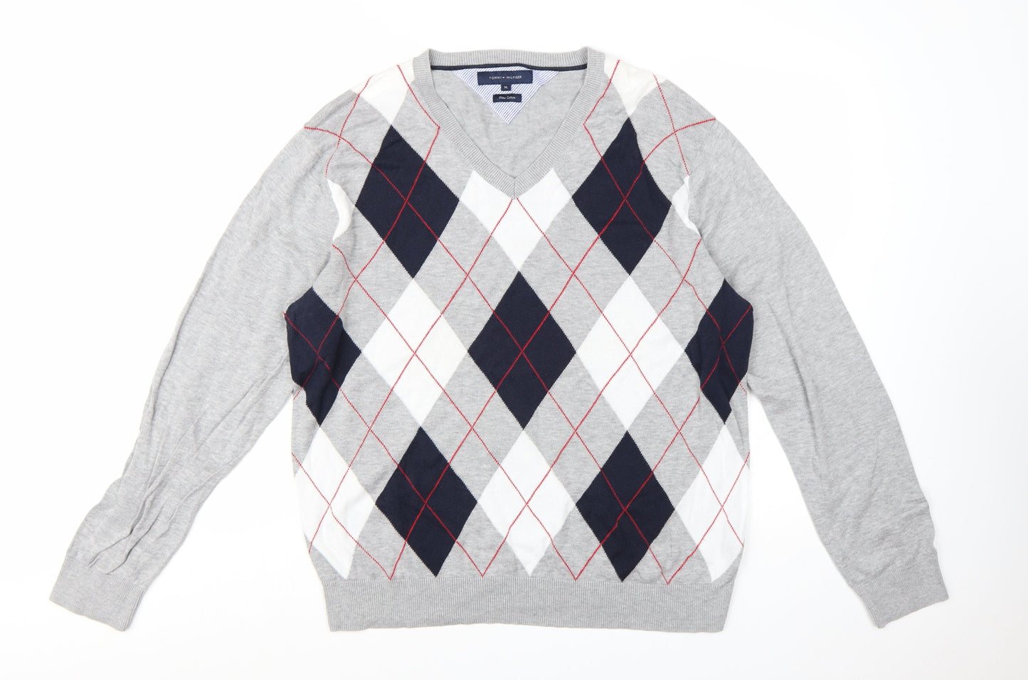 Tommy Hilfiger Men’s Grey Argyle Pima Cotton V-Neck Jumper XL