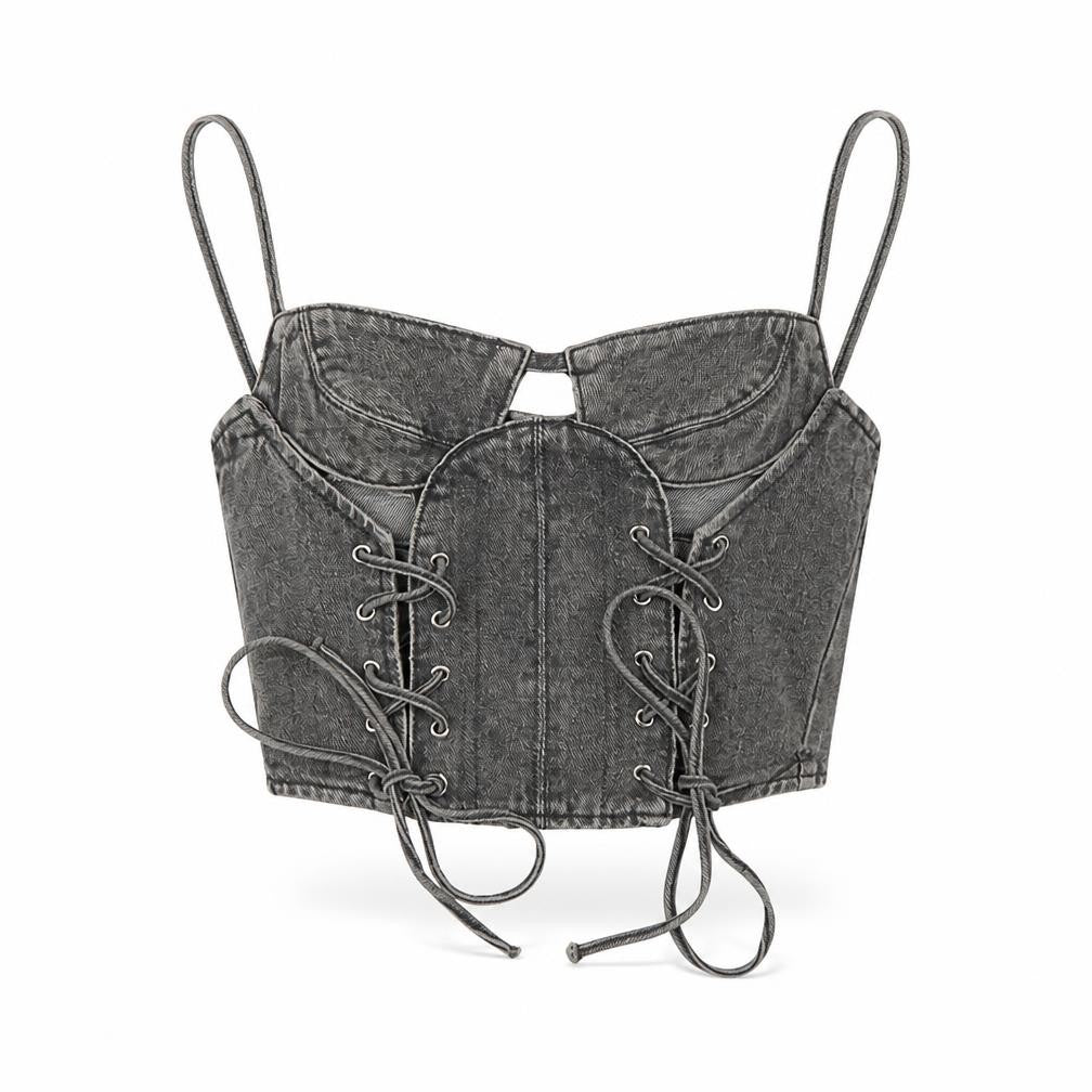 PRETTYLITTLETHING Women Grey Petite Cropped Denim Lace Up Tank Top Size 8