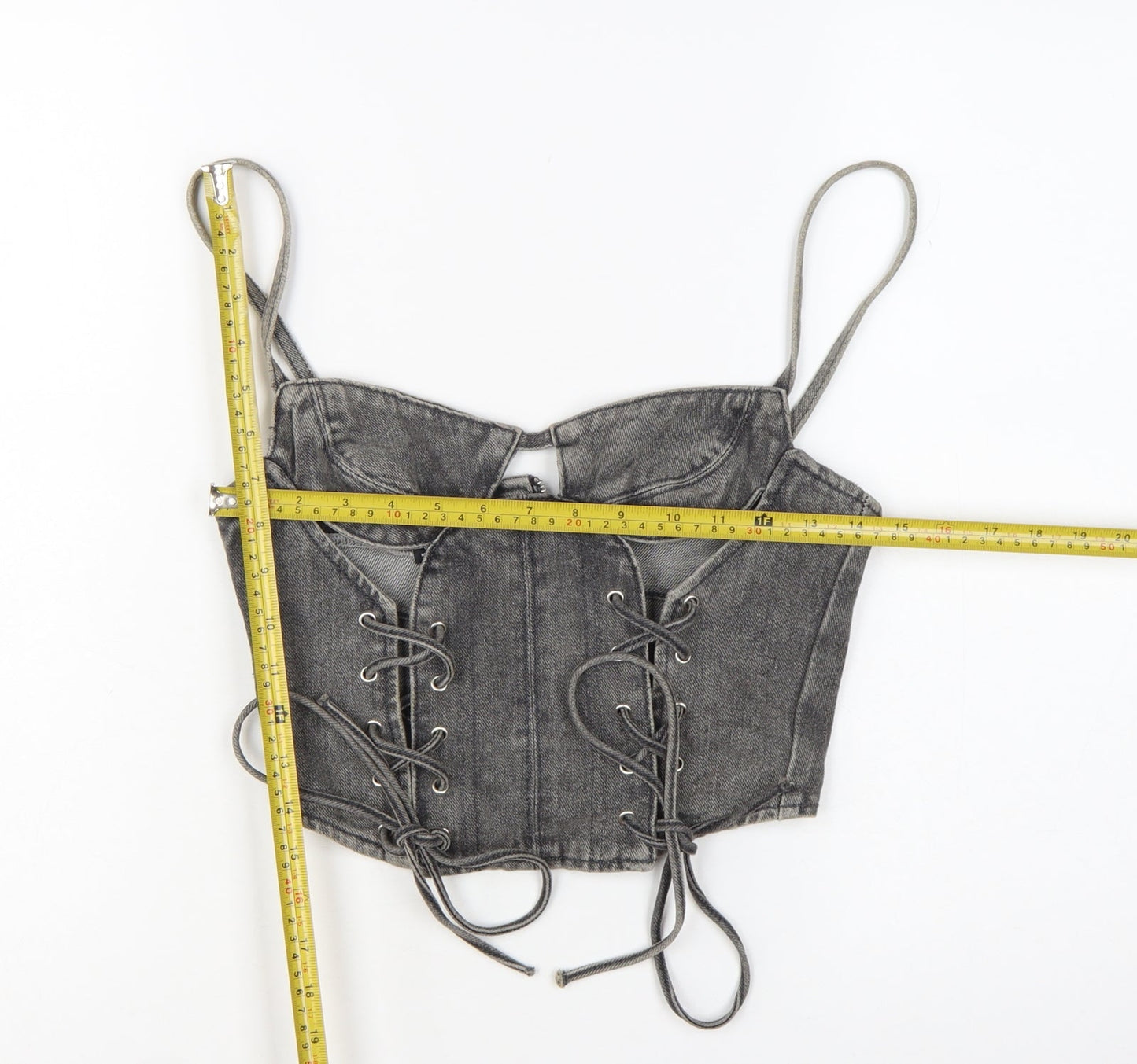 PrettyLittleThing Women Grey Petite Cropped Denim Lace Up Tank Top Size 8