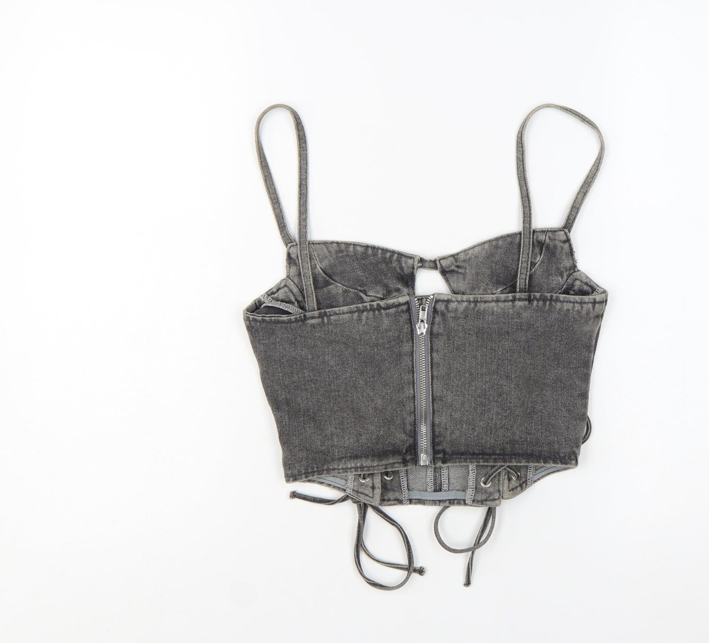 PrettyLittleThing Women Grey Petite Cropped Denim Lace Up Tank Top Size 8