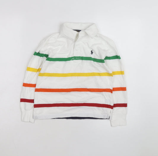 Polo Ralph Lauren Boys White Multicoloured Stripe Long Sleeve Polo Shirt Size 8