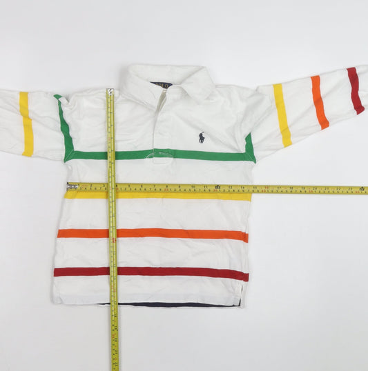 Polo Ralph Lauren Boys White Multicoloured Stripe Long Sleeve Polo Shirt Size 8