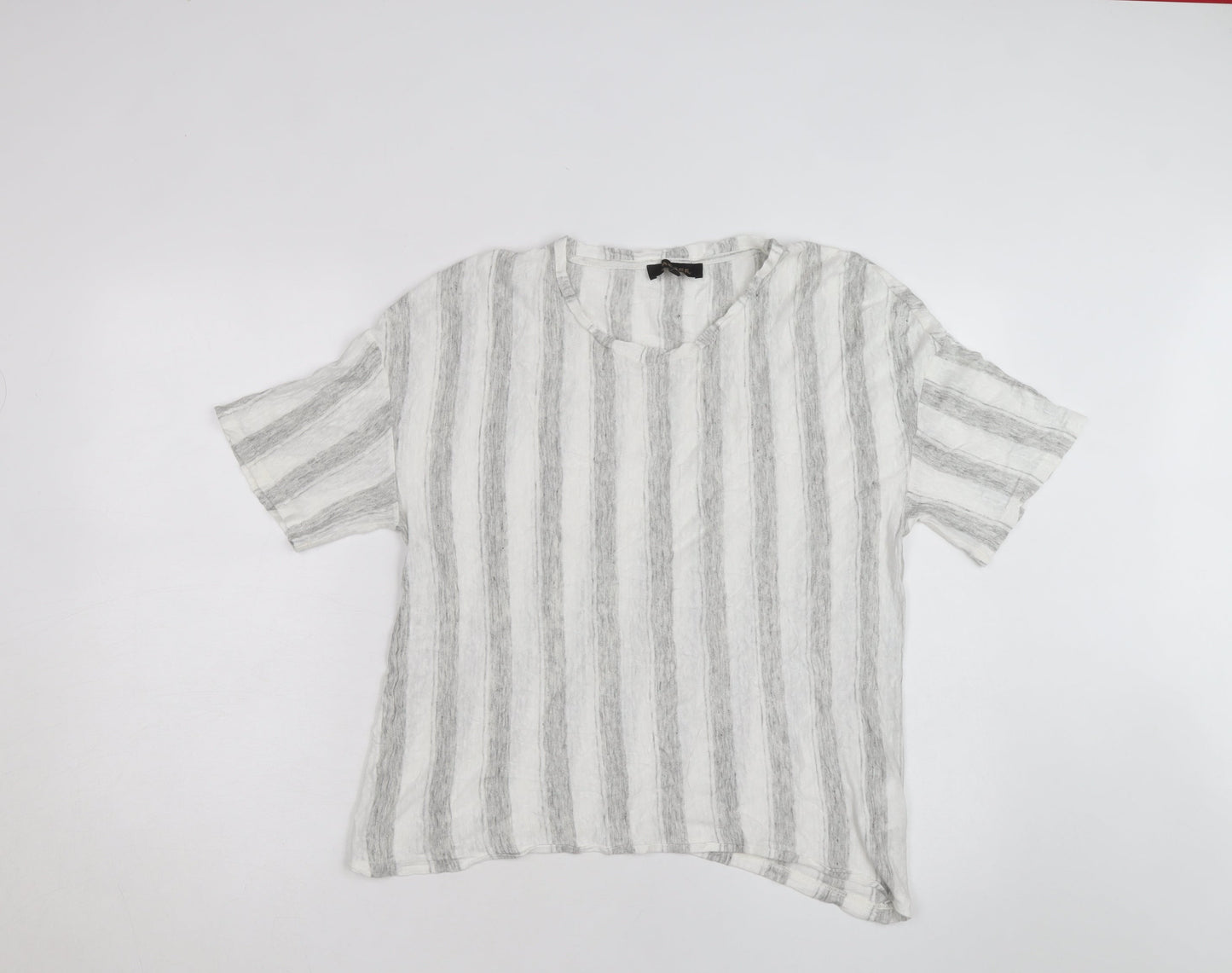 Jaeger Men Grey White Striped Linen Blend Short Sleeve T-Shirt M