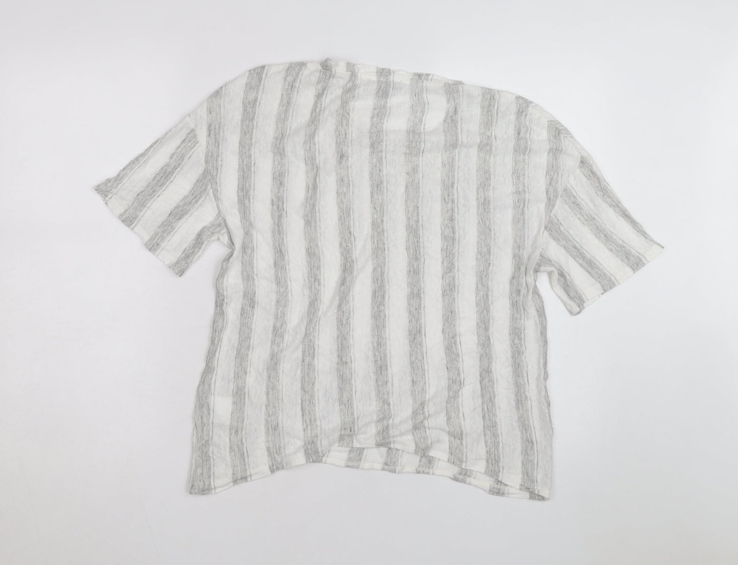 Jaeger Men Grey White Striped Linen Blend Short Sleeve T-Shirt M