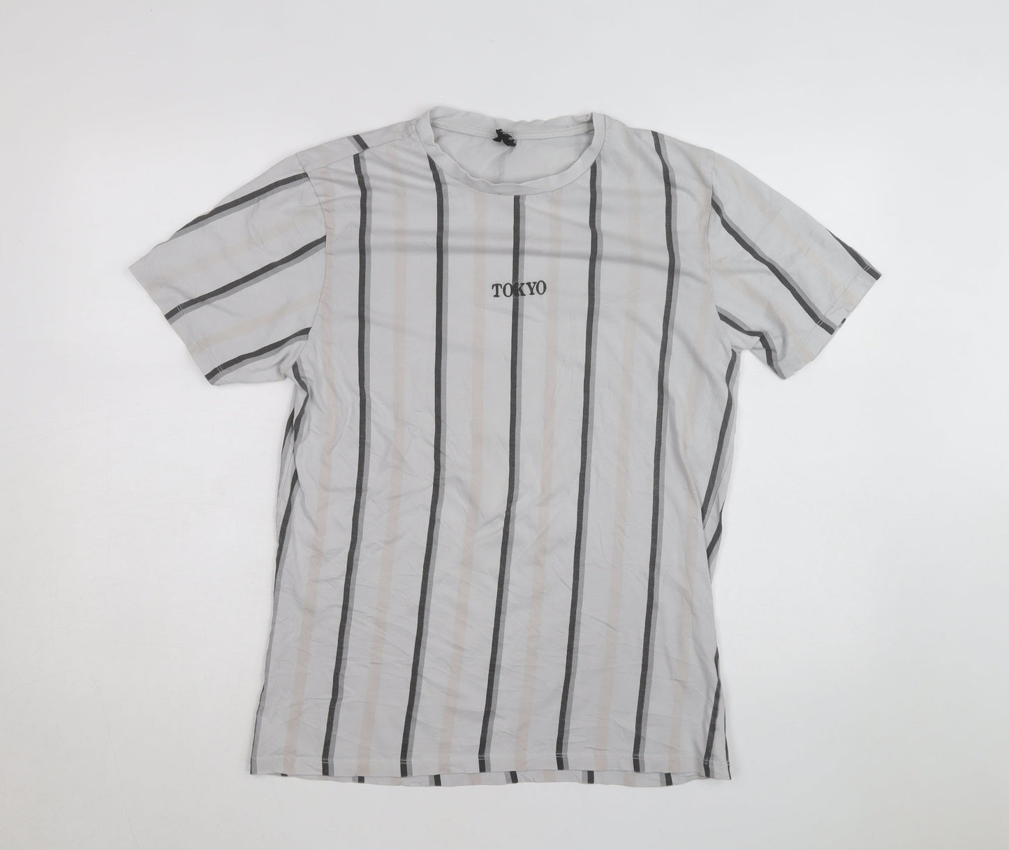 River Island Men's Grey Striped Tokyo T-Shirt Size L