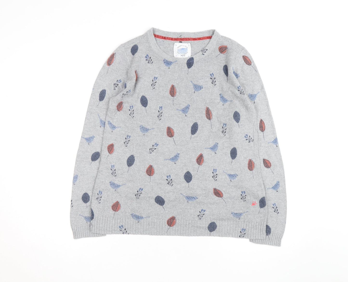 Mantaray Women Grey Bird Print Jumper Size 14 Crew Neck Knit