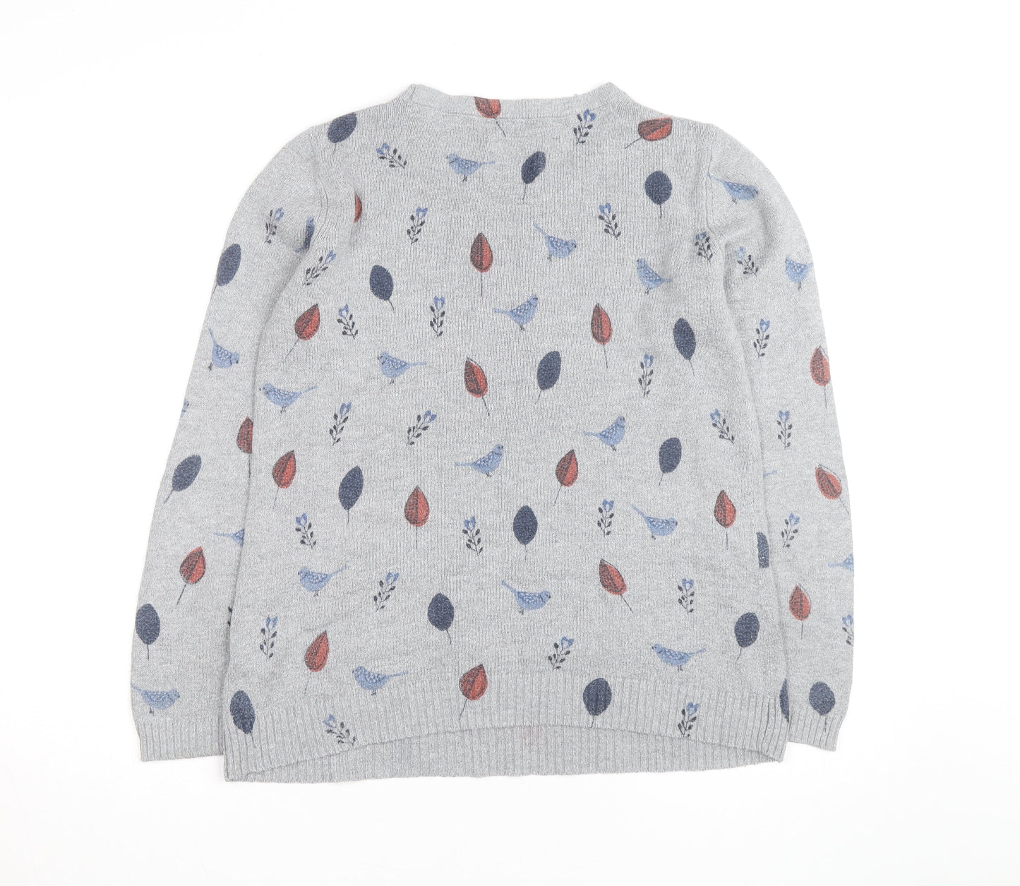 Mantaray Women Grey Bird Print Jumper Size 14 Crew Neck Knit