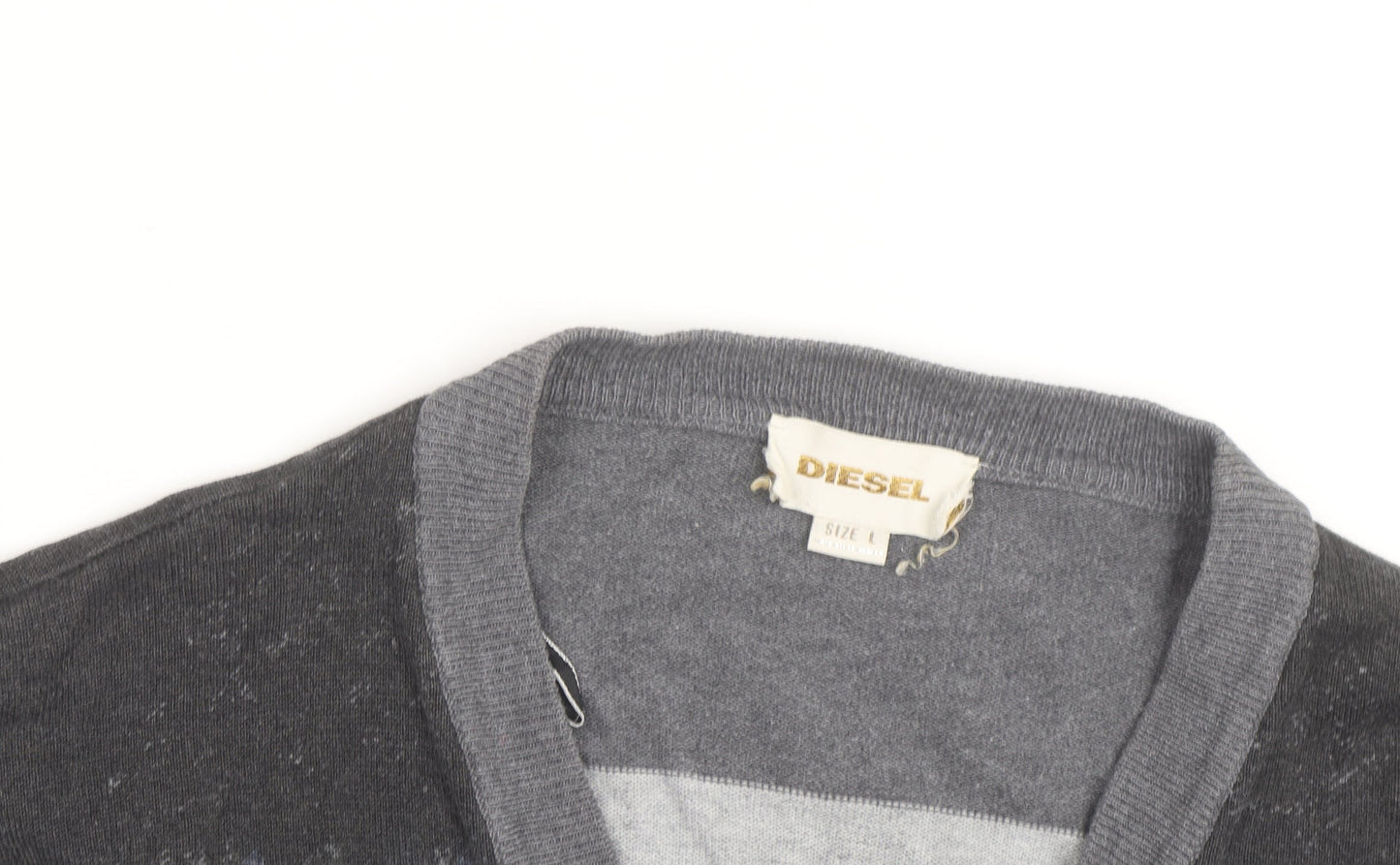 Diesel Men’s Grey Cotton Cardigan L Graphic V-Neck Long Sleeve