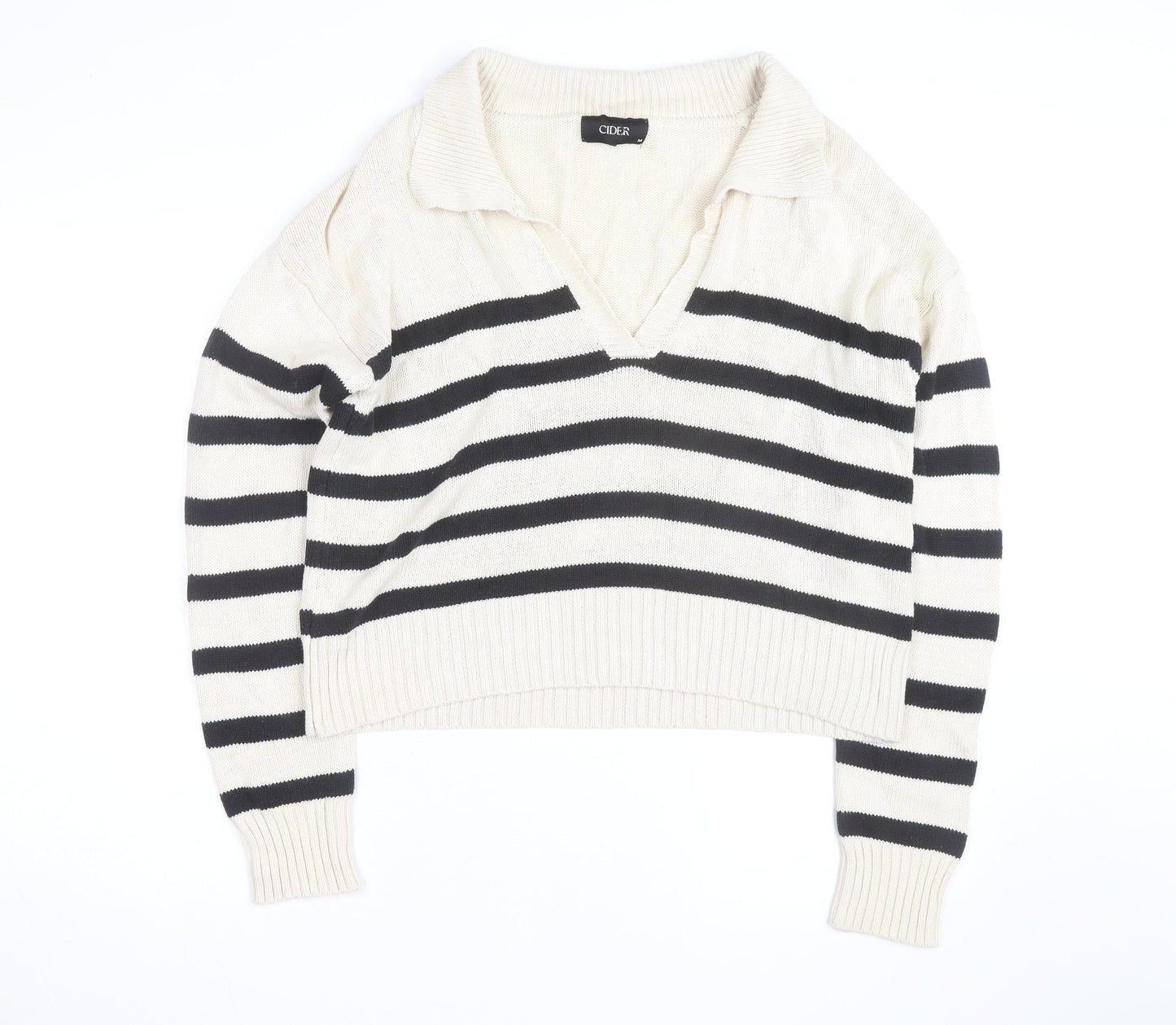 Cider Women's Beige Black Striped V-Neck Knit Jumper M