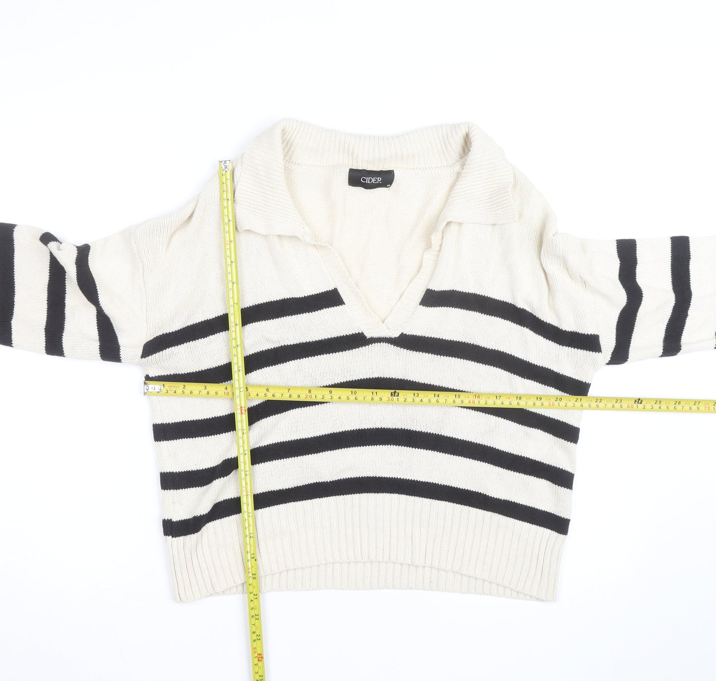 Cider Women's Beige Black Striped V-Neck Knit Jumper M