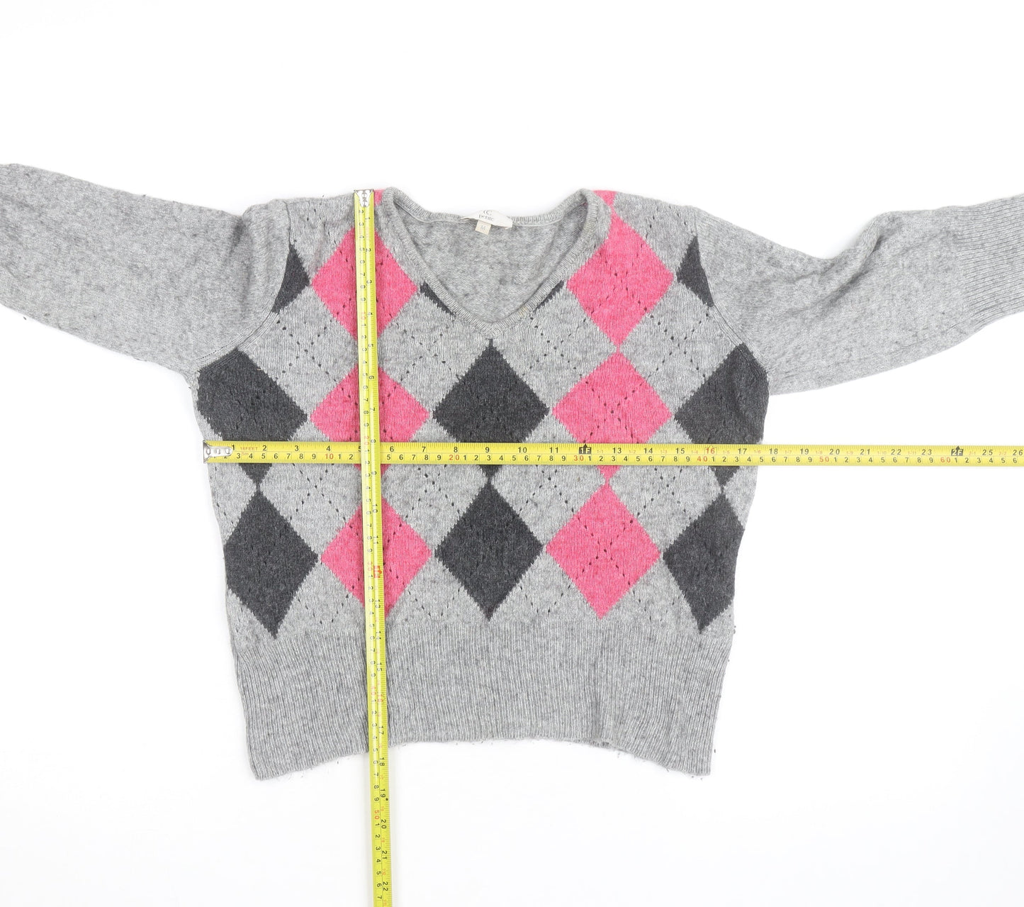 CC Petite Women's Grey Argyle V-Neck Knit Jumper M
