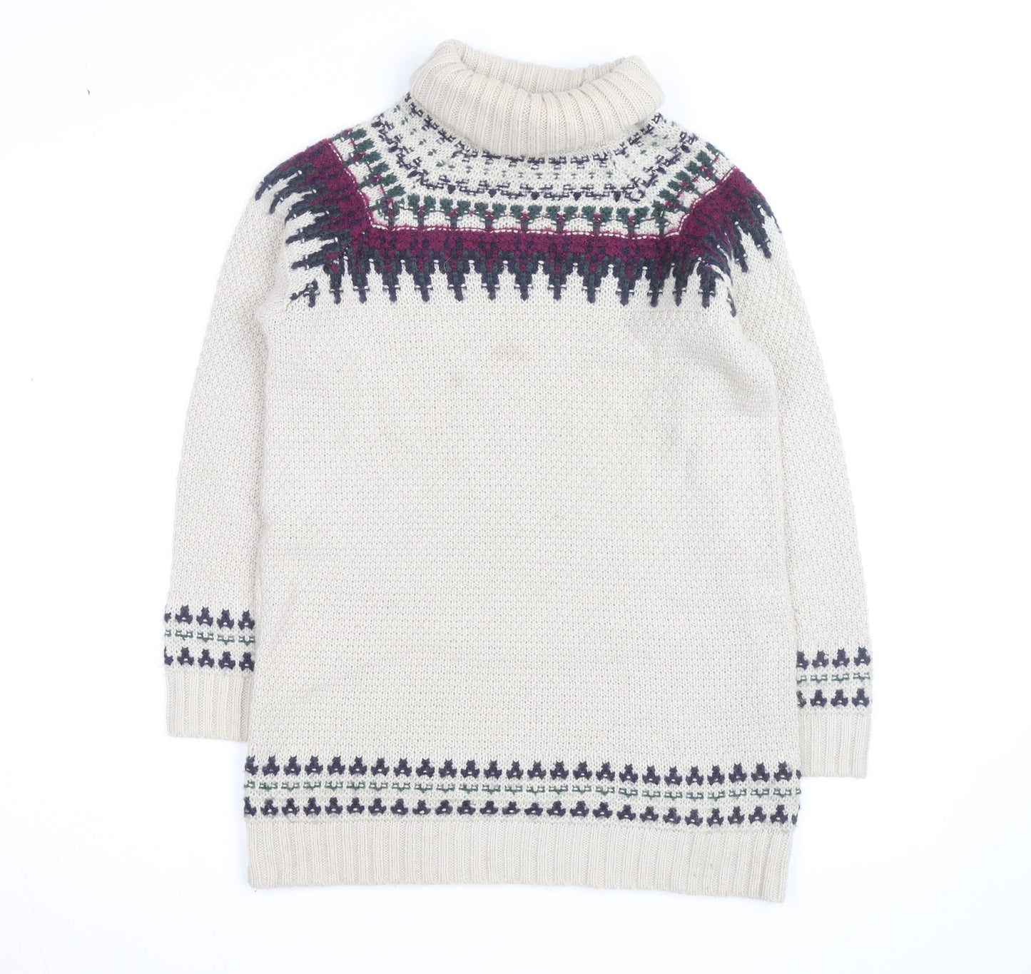 Marks and Spencer Women Beige Fair Isle Roll Neck Jumper Size 12