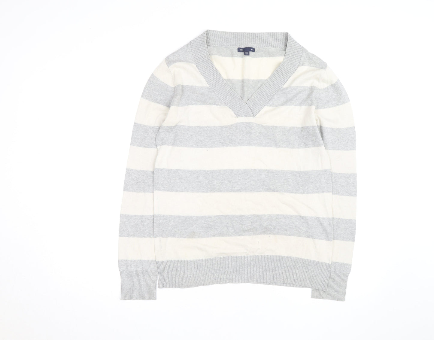 Gap Men's Grey Striped V-Neck Cotton Pullover Jumper Size M