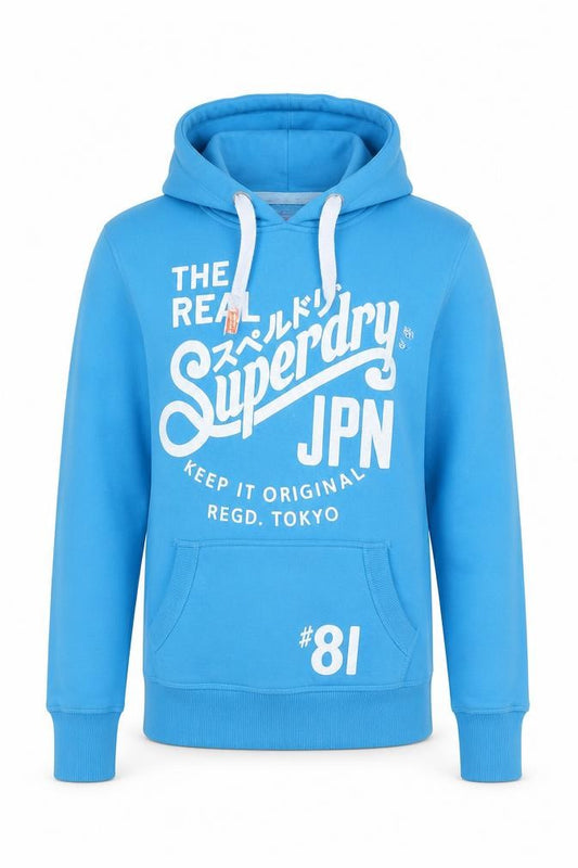 Superdry Men's Blue Pullover Hoodie Small Graphic Print Cotton Blend