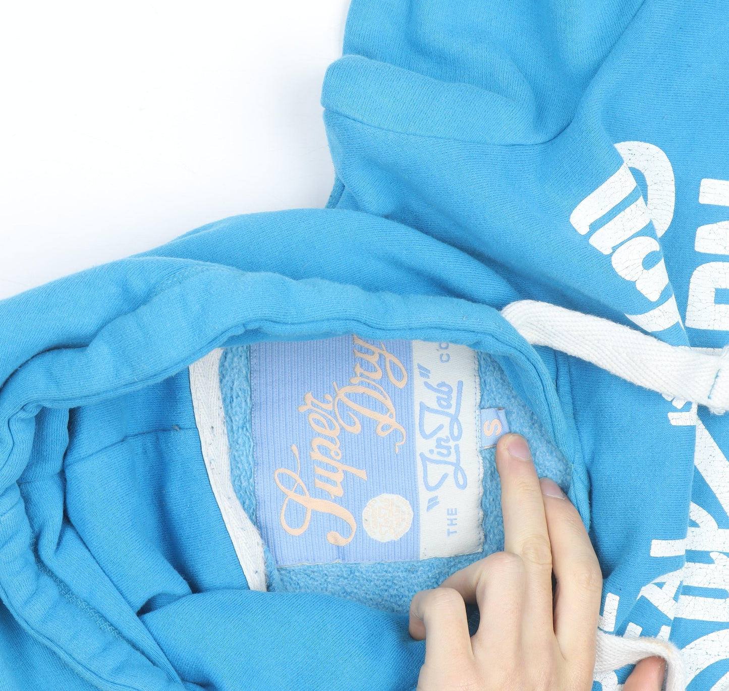 Superdry Men's Blue Pullover Hoodie Small Graphic Print Cotton Blend