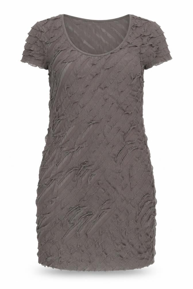 Front view of Soon Women’s Brown Ruffle Textured Short Sleeve Bodycon Dress, size UK 16