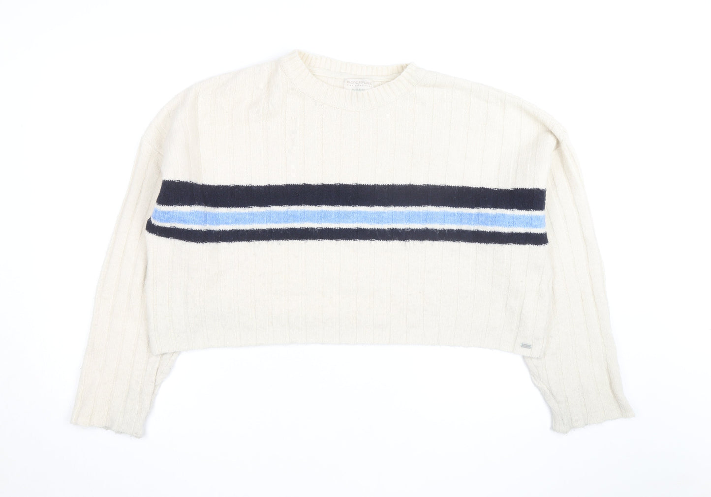 Pull&Bear Teens Ivory Striped Crew Neck Knit Jumper Size M