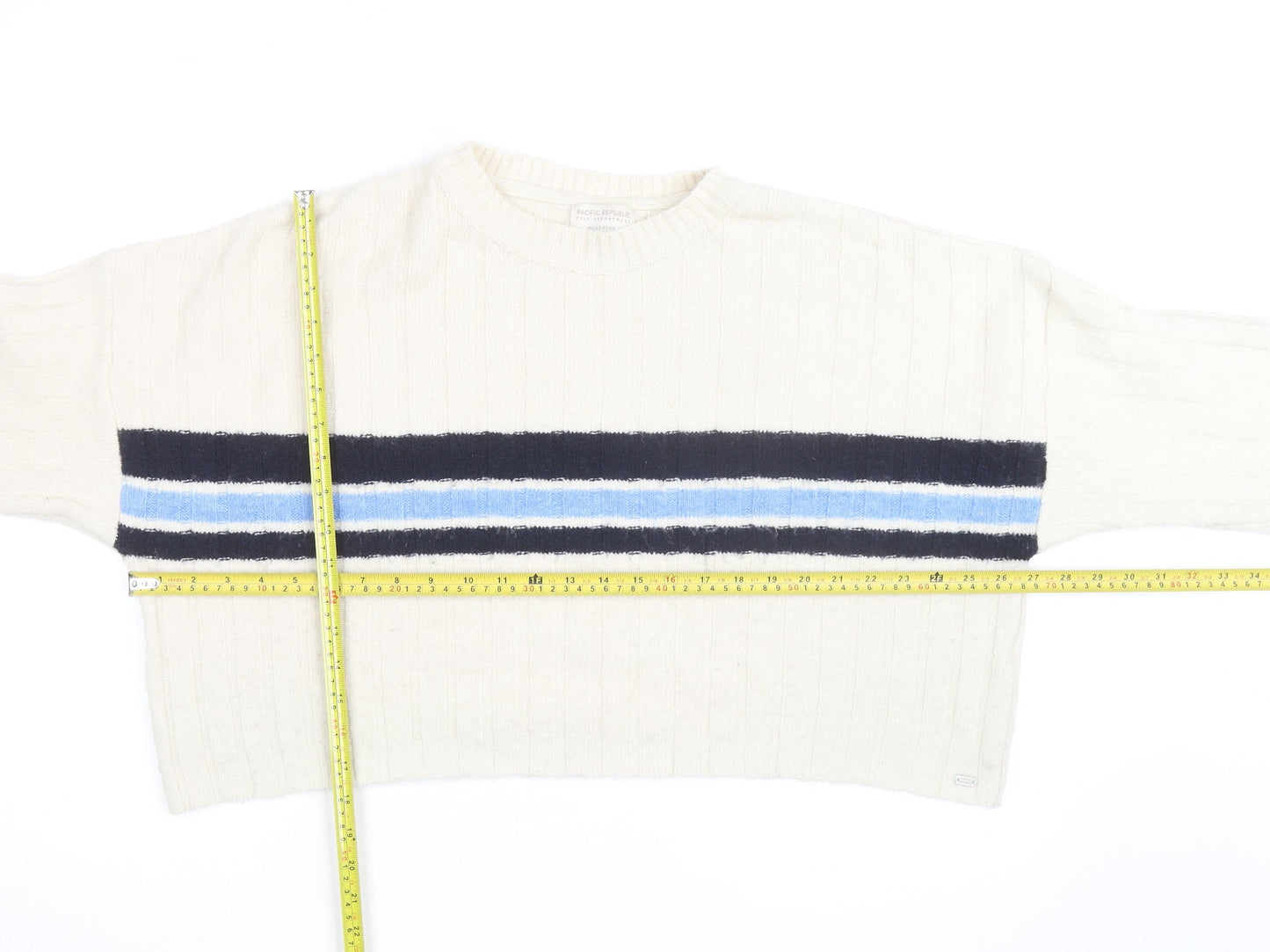Pull&Bear Teens Ivory Striped Crew Neck Knit Jumper Size M