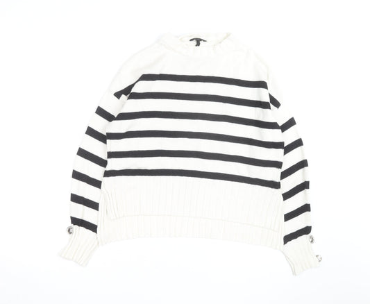 Guess Womens White Black Striped Crew Neck Cotton Jumper XS