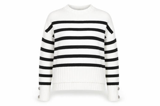 Guess Womens White Black Striped Crew Neck Cotton Jumper XS