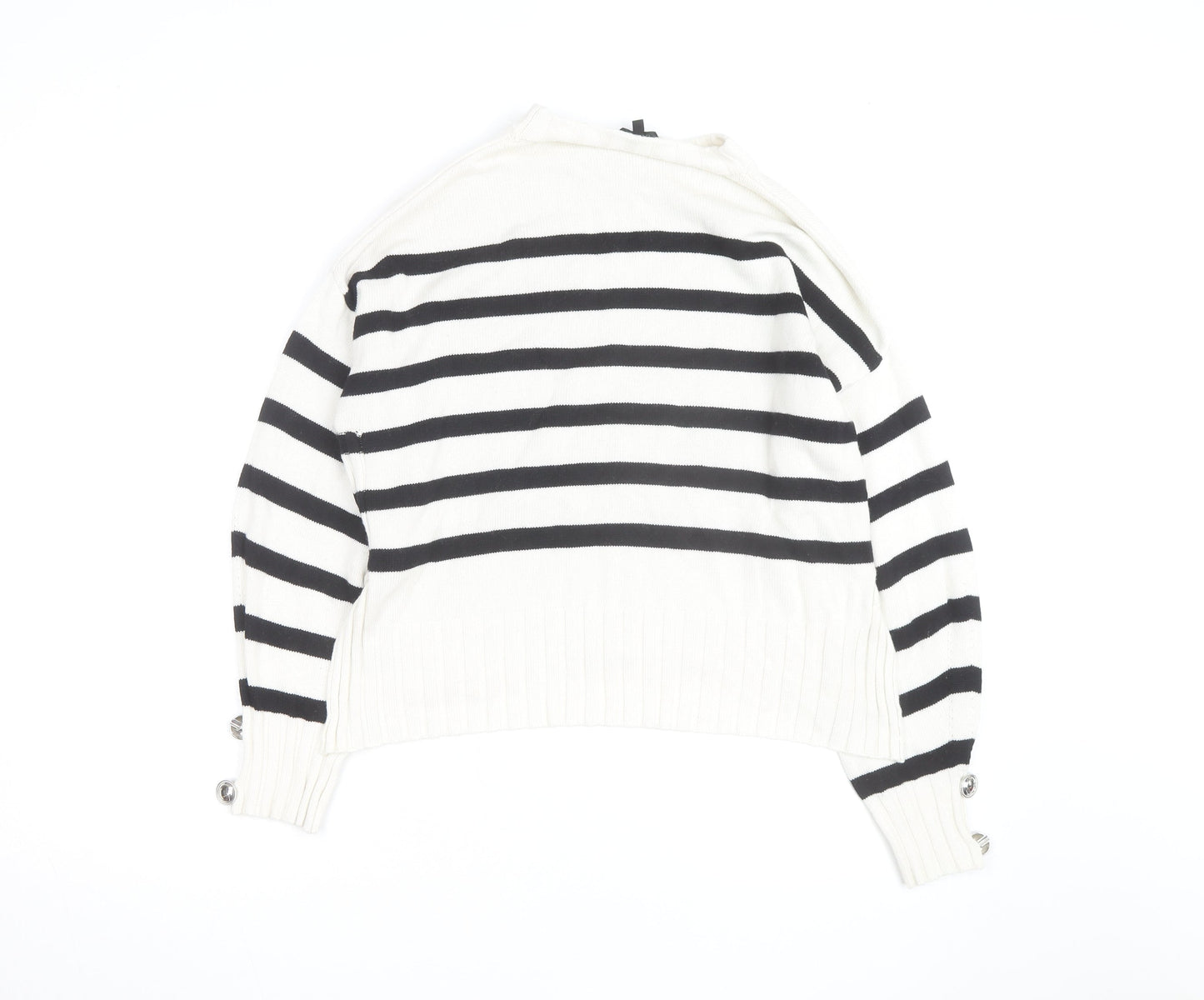Guess Womens White Black Striped Crew Neck Cotton Jumper XS