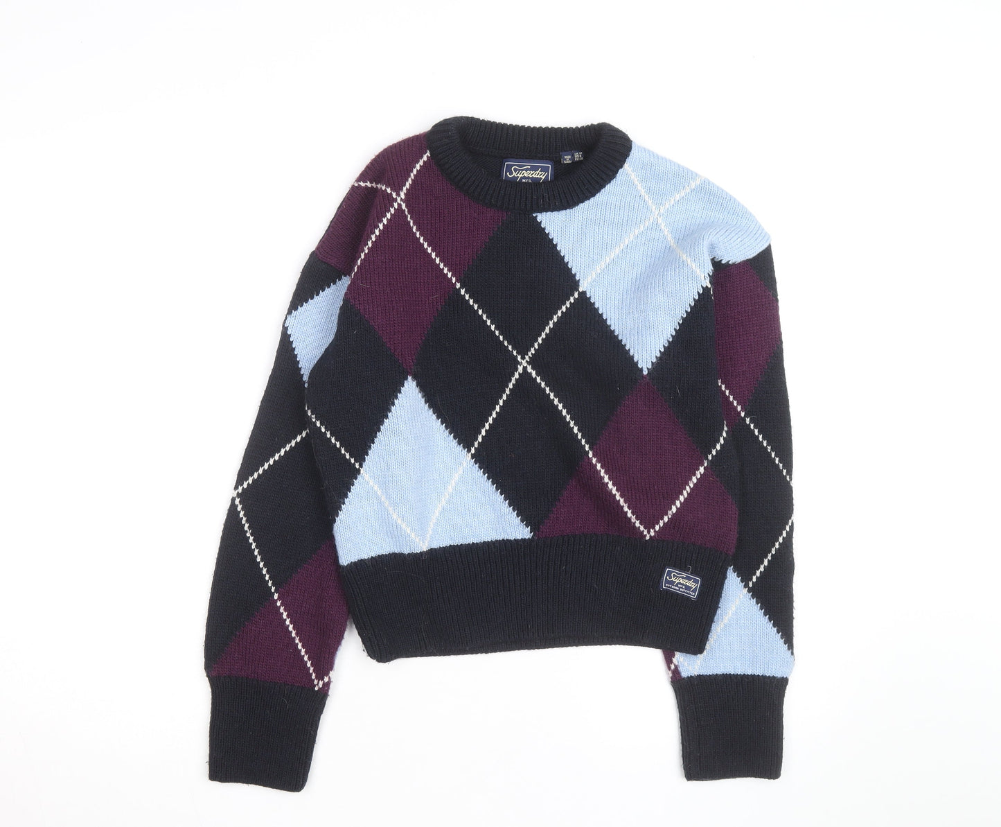 Superdry Women’s Multicoloured Argyle Knit Jumper UK 12 Crew Neck