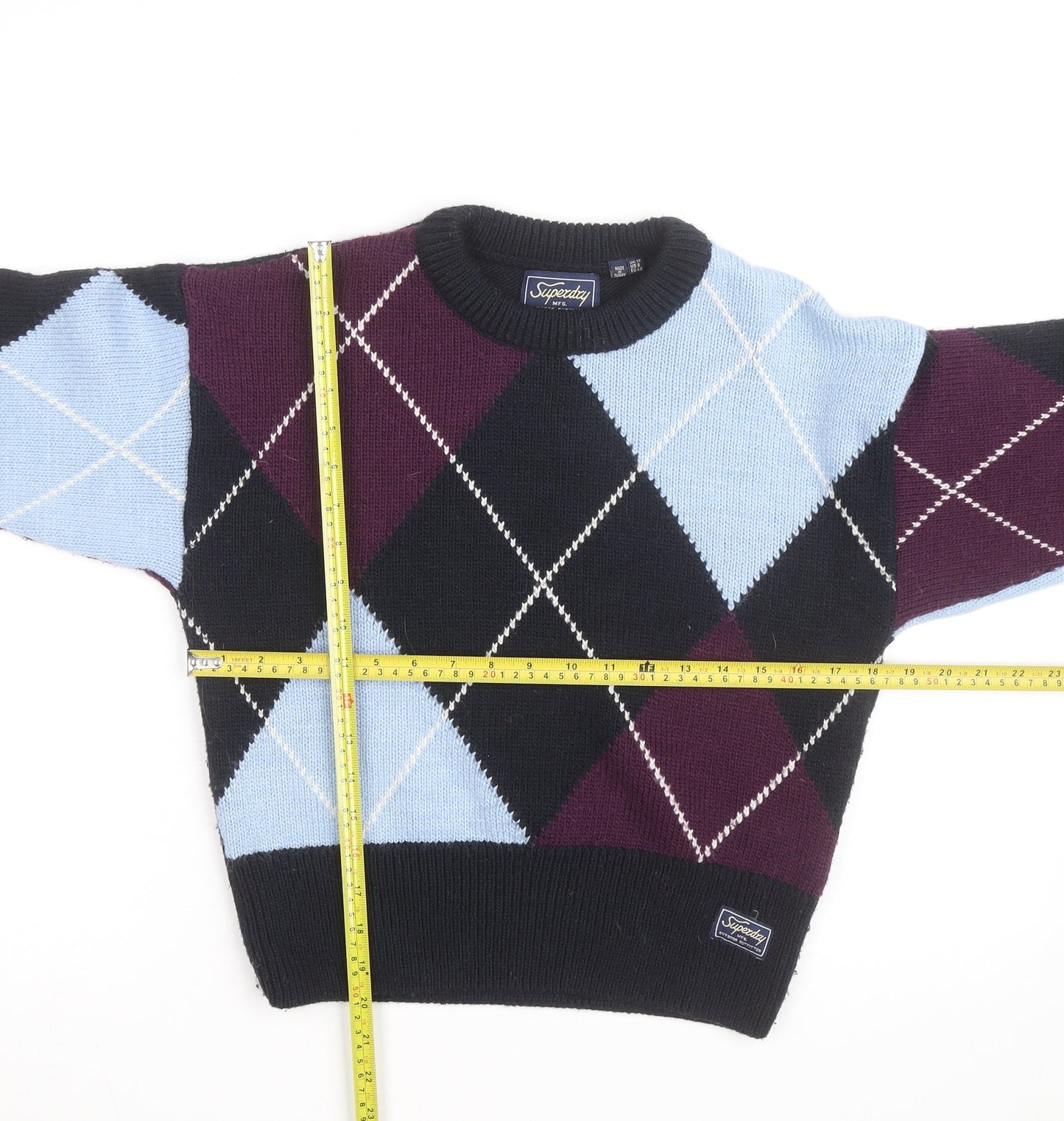 Superdry Women’s Multicoloured Argyle Knit Jumper UK 12 Crew Neck