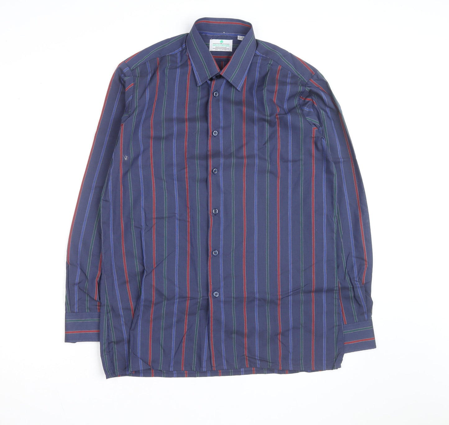 Greenwoods Mens Blue Striped Long Sleeve Button-Up Shirt Size 15 Regular Fit