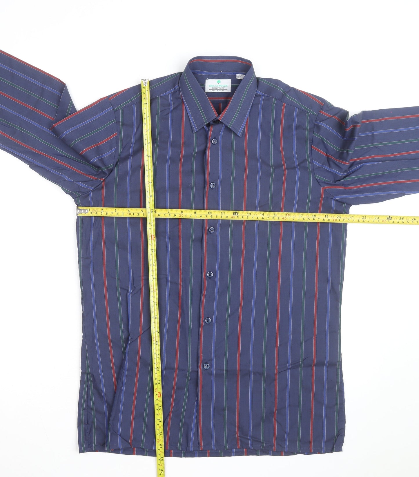 Greenwoods Mens Blue Striped Long Sleeve Button-Up Shirt Size 15 Regular Fit