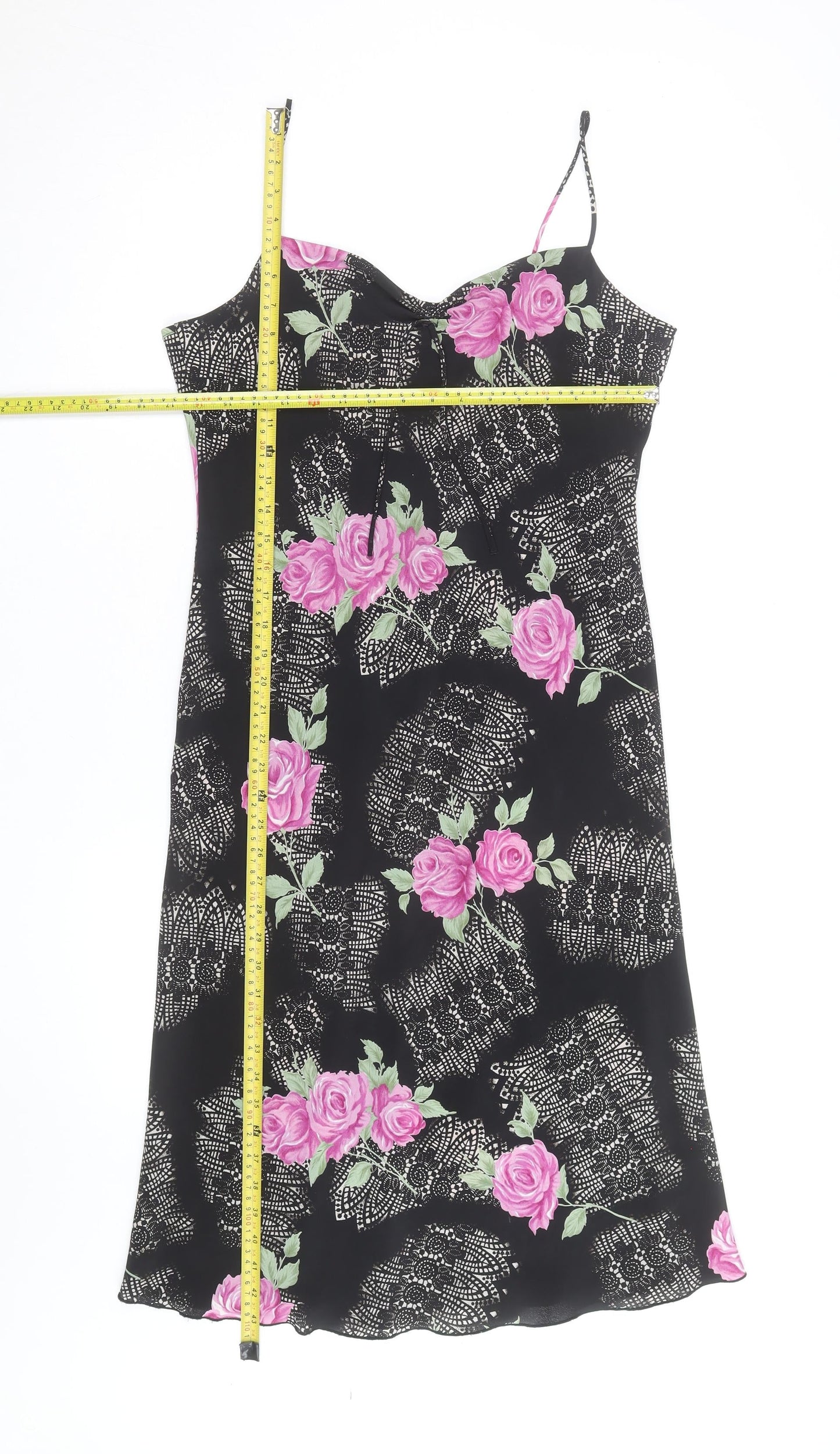 Ladies Women Black Floral Slip Dress Size 14 Sleeveless Summer