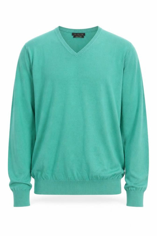 Massimo Dutti Men's Green Cotton V-Neck Jumper Size M