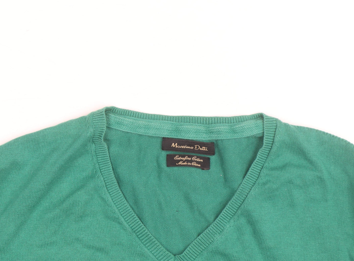 Massimo Dutti Men's Green Cotton V-Neck Jumper Size M
