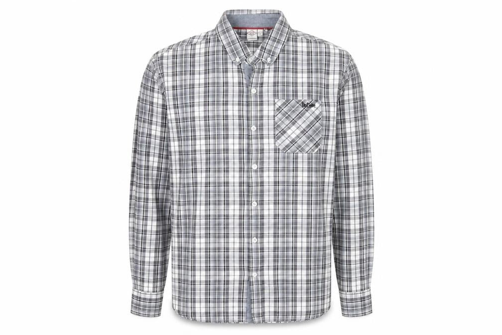 Front view of Lee Cooper Men's Grey Plaid Cotton Button-Up Shirt L