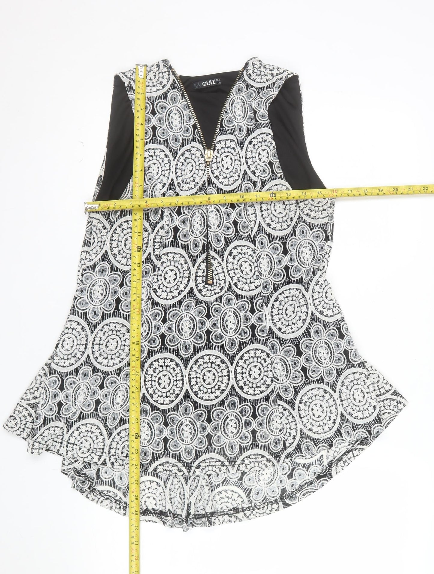 QUIZ Womens Black White Floral Sleeveless Zip Tunic Top Size 14