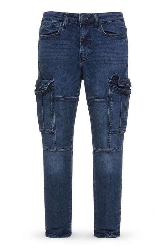 Front view of Denim Co Men's Blue Slim Tapered Cargo Jeans 30W 32L