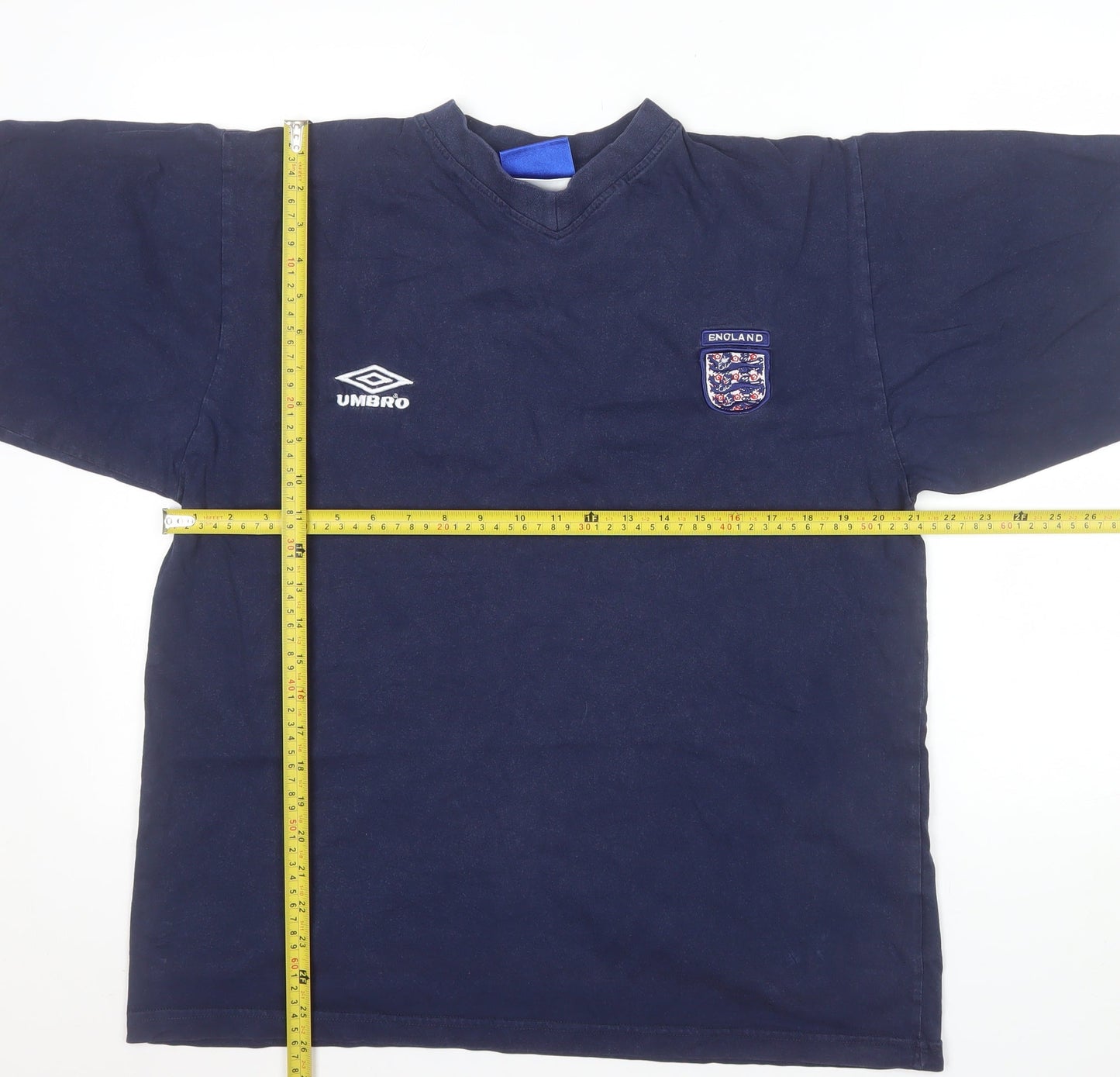 Umbro England Navy Blue Men's Medium 90s V-Neck Cotton T-Shirt